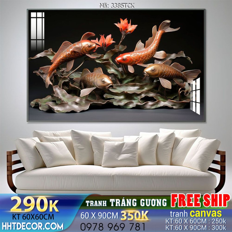 Mẫu tranh decor tường cá chép hoa sen 