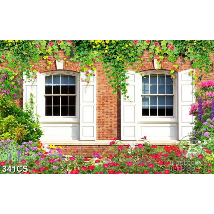 Tranh trang trí tường vườn hoa bên ô cửa sổ trắng file gốc