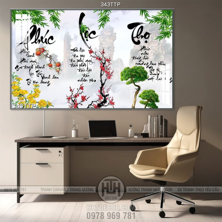 Tranh thư pháp in canvas ghép ba tấm phúc lộc thọ