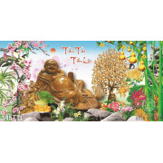 Tranh decor tượng Phật Di Lặc và hoa Đào