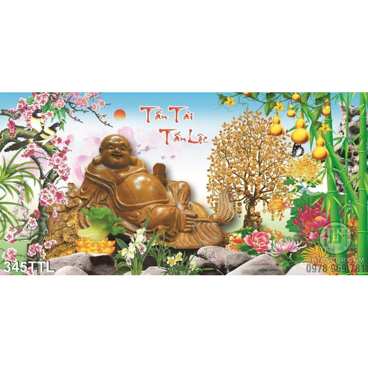 Tranh decor tượng Phật Di Lặc và hoa Đào