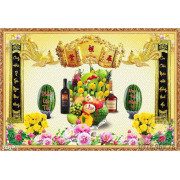 Tranh mâm ngũ quả và hoa cúc trang trí bàn thờ tổ