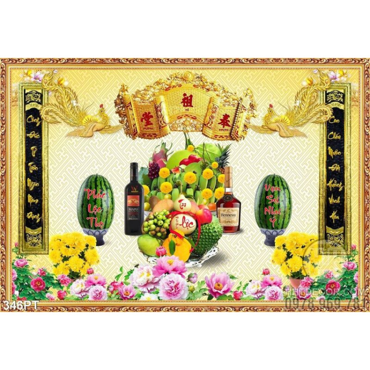 Tranh mâm ngũ quả và hoa cúc trang trí bàn thờ tổ