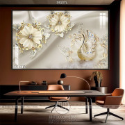 Tranh lụa 3D chim thiên nga và hoa trang trí phòng khách