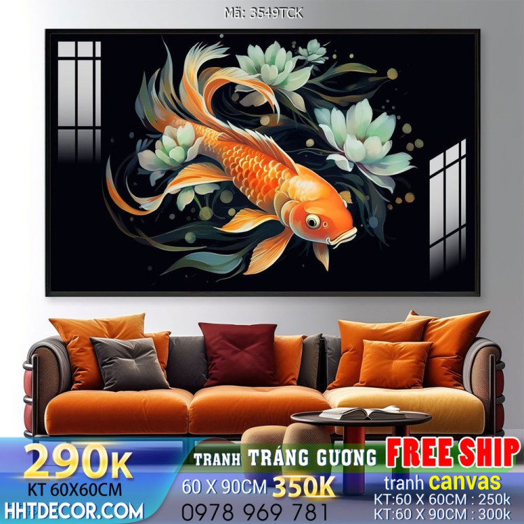 Tranh decor tường phòng khách cá chép hoa sen