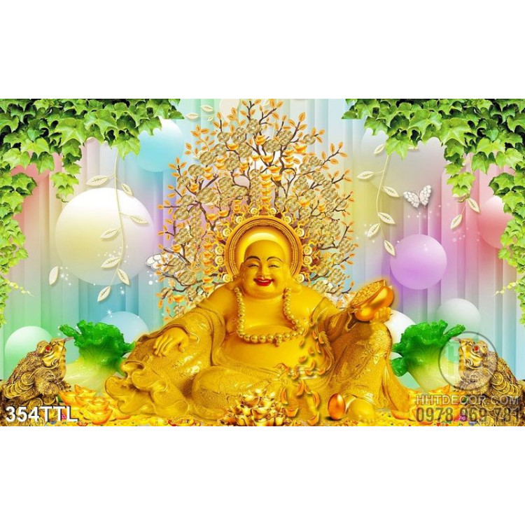 Tranh psd Phật Di Lặc bằng vàng và cây tiền vàng