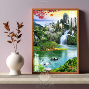 Tranh phong thủy thác nước in canvas con suối nhỏ trên đỉnh núi