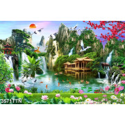 Tranh thiên nhiên giao hòa in 3d ngôi nhà gỗ trên dòng sông