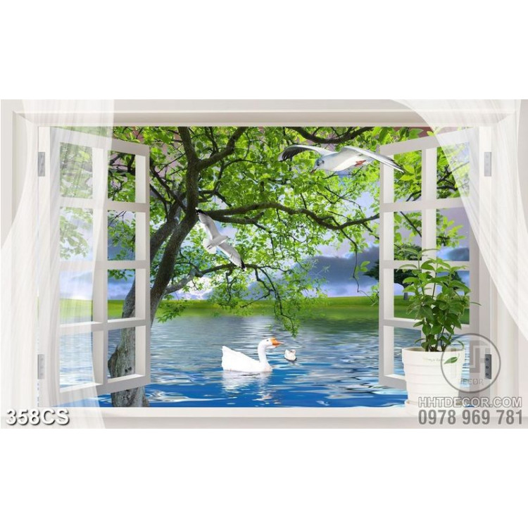 Tranh cửa sổ bên hồ nước và thiên nga trắng đẹp in kính
