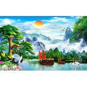 Tranh thiên nhiên giao hòa in canvas đàn cò trắng trên con sông