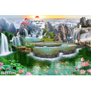 Tranh phong thủy thác nước in 3d đàn cò trắng bay trên ngọn núi