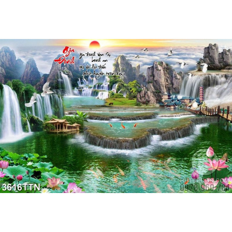 Tranh phong thủy thác nước in 3d đàn cò trắng bay trên ngọn núi