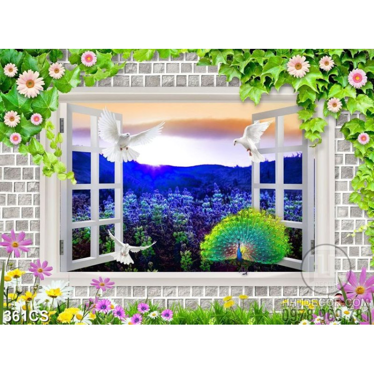 Tranh 3D khung cửa sổ bên vườn hoa tím chất lượng cao
