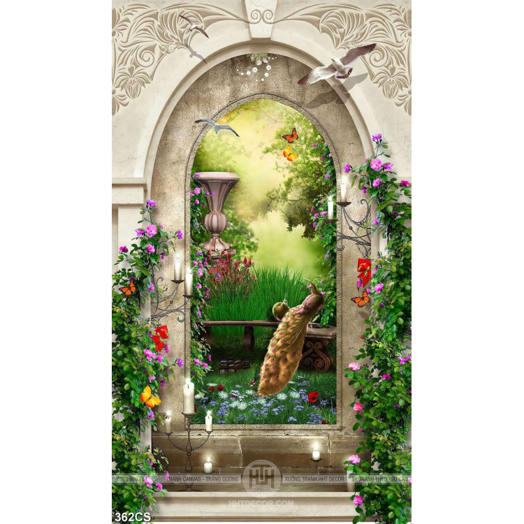Tranh hoa và chim trong cánh cổng trang trí tường in uv
