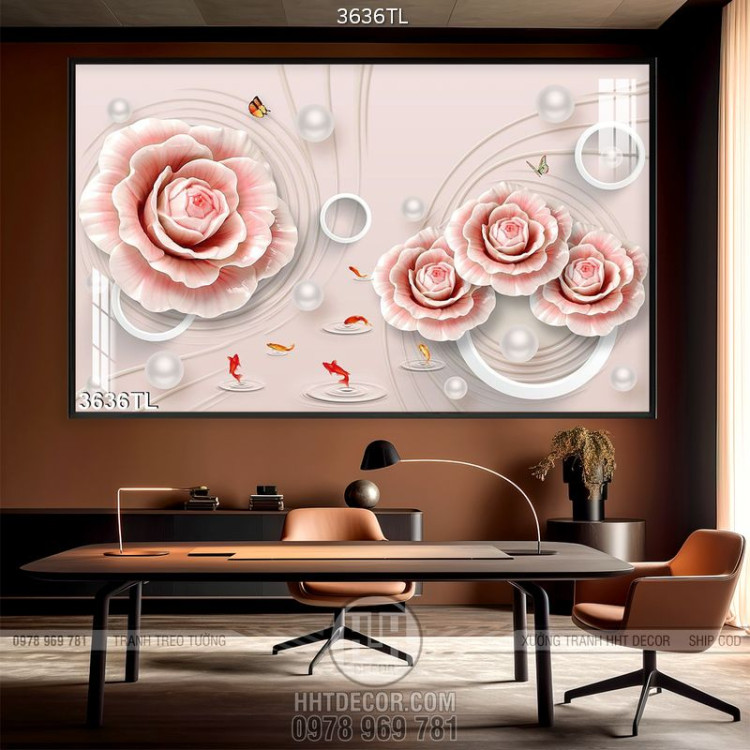 Tranh 3D hoa hồng ngọc trai trang trí tường đẹp nhất