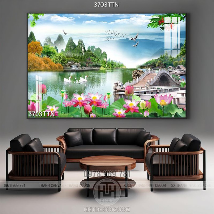 Tranh sơn thủy hữu tình mặt hồ nước xanh trong in canvas