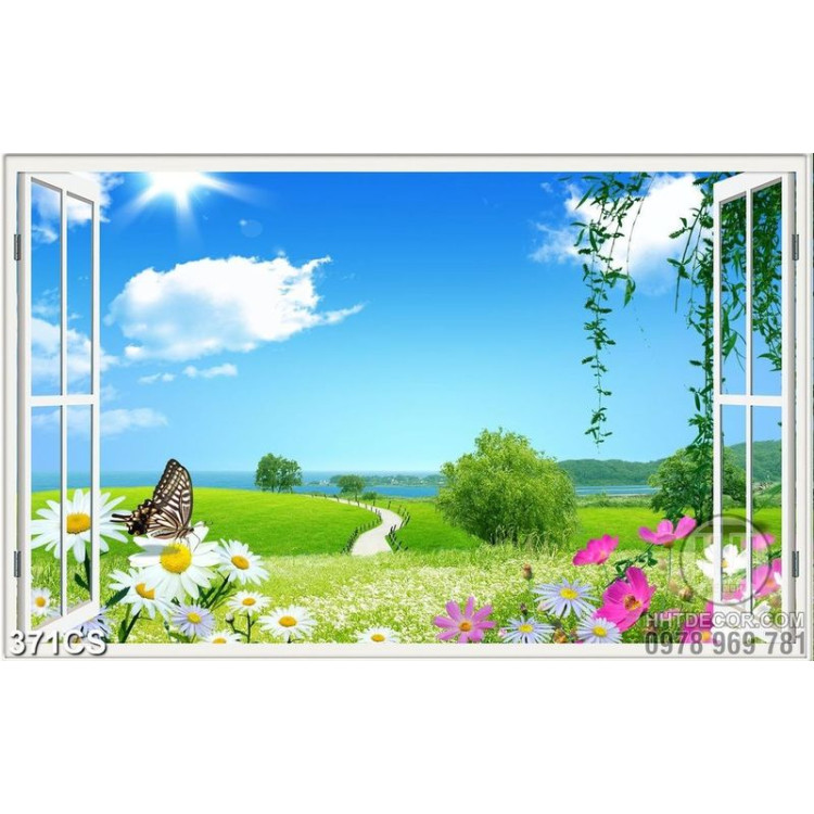 Tranh cửa sổ cánh đồng xanh mát chất lượng cao decor tường