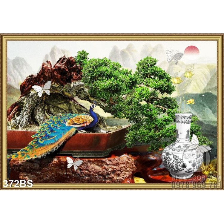  Chậu bonsai gốc lớn nghệ thuật và con chim công