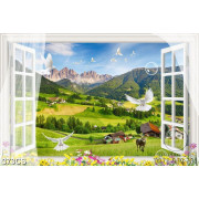 Tranh cửa sổ nhìn ra thung lũng và ngôi làng trang trí tường 