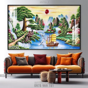 Tranh sơn dầu phong cảnh chiếc thuyền trên sông và chim hạc decor tường 