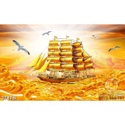 Tranh thuận buồm chiếc thuyền trên sóng nước vàng tài lộc 