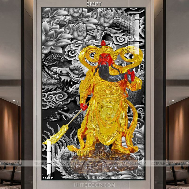 Tranh thờ tượng Quang Công mạ vàng in uv  