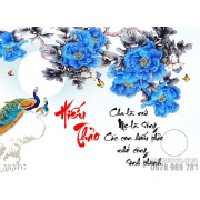 Tranh chim công hiếu thảo và hoa màu xanh wall 3d