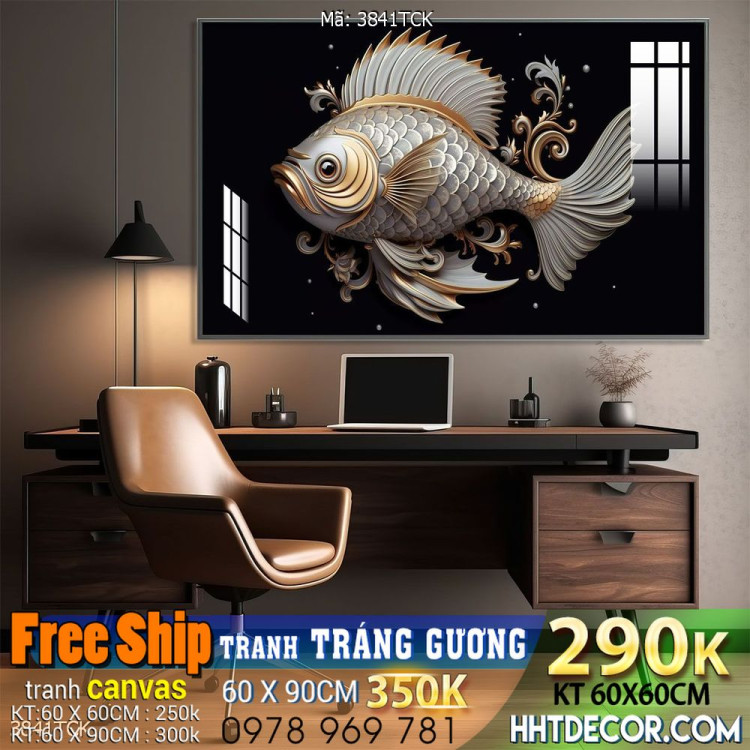 Tranh decor tường phòng khách cá chép hoa sen