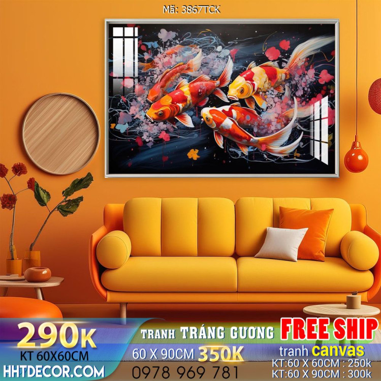 Tranh decor tường phòng khách cá chép hoa sen