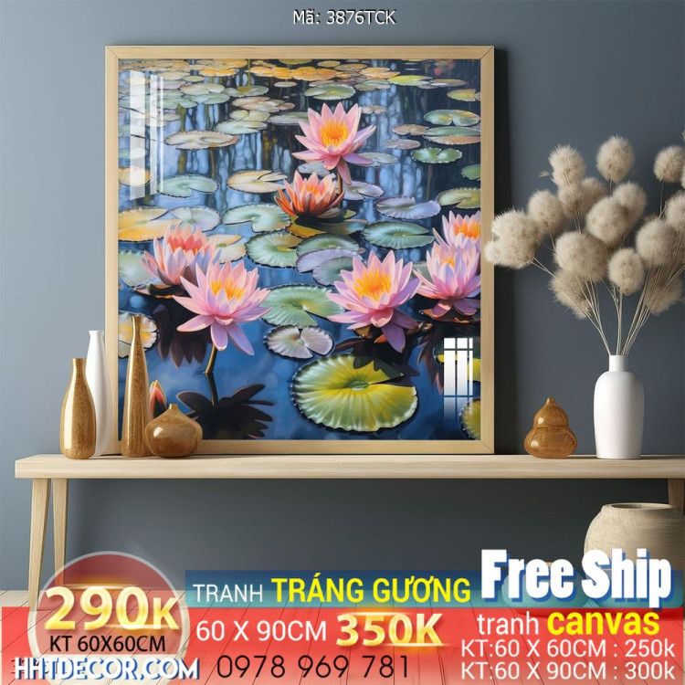 Tranh decor tường phòng khách cá chép hoa sen