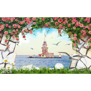 Tranh khung cổng đá và hoa đẹp dán tường in kính