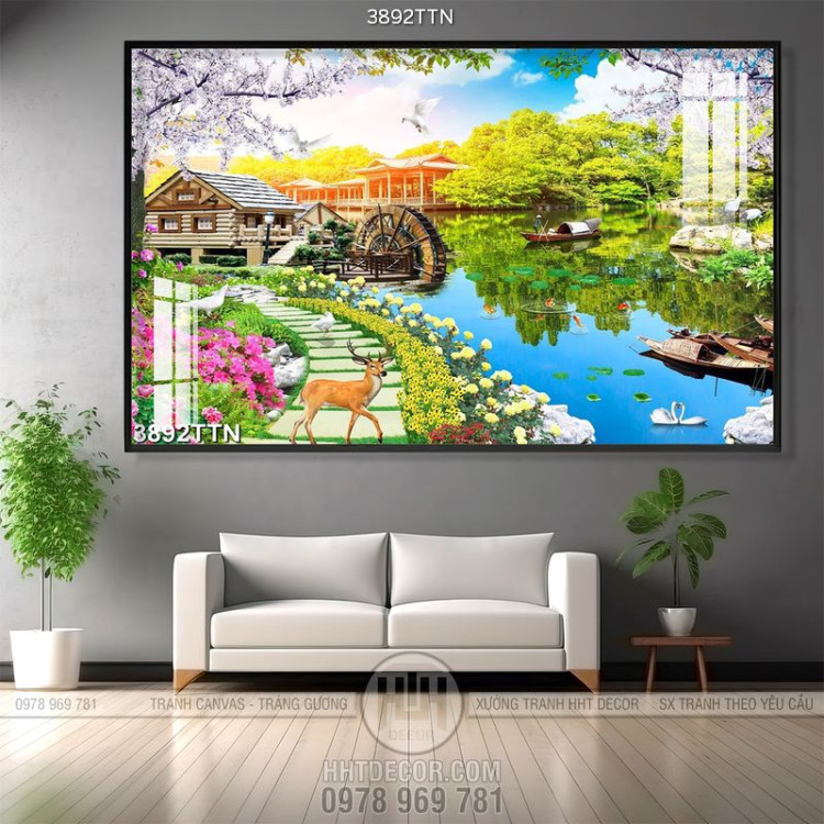 Tranh sơn thủy hữu tình in canvas ngôi nhà gỗ trên mặt hồ