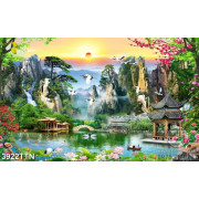 Tranh phong thủy thác nước in 3d ngôi miếu nhỏ trên dòng sông