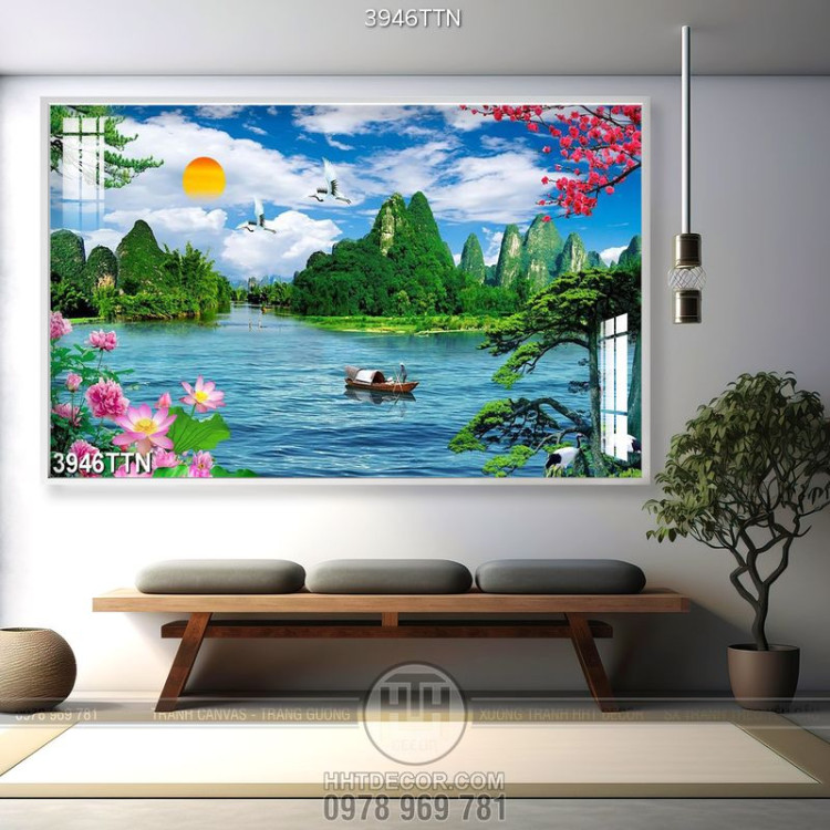 Tranh thiên nhiên giao hòa những ngọn núi bao quang hồ in canvas