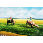 Tranh trang trí tường in uv những chú bé chăn trâu trên đồng cỏ xanh 