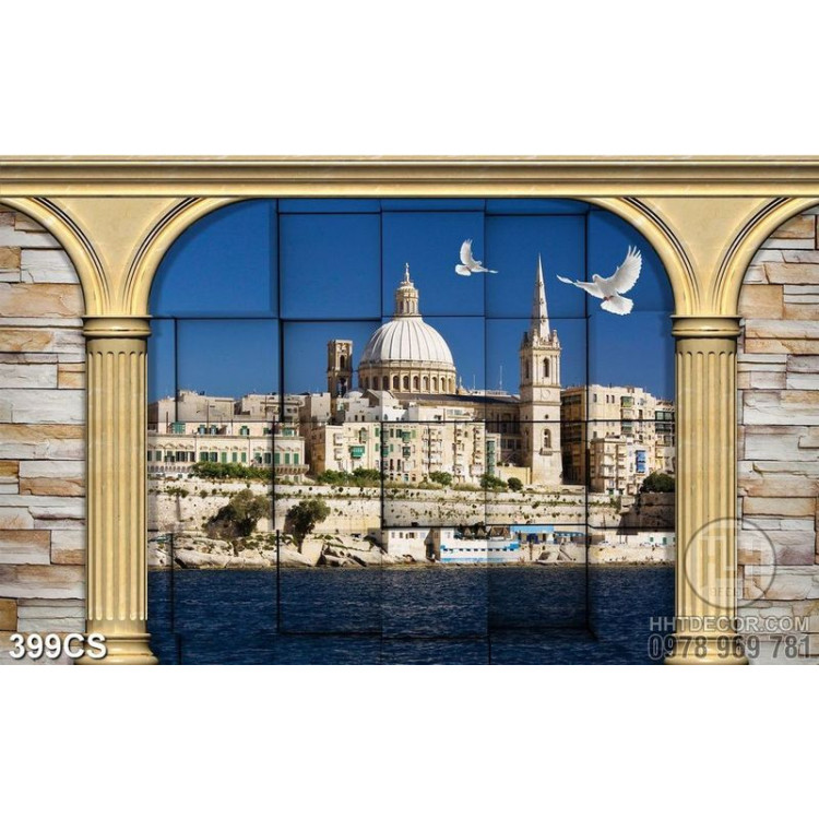 Tranh 3D cửa sổ hướng ra thành phố biển 