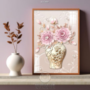 Tranh chậu hoa lụa 3d màu hồng 3d