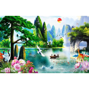 Tranh thiên nhiên giao hòa hoa mẫu đơn phủ đầy trên hồ in canvas