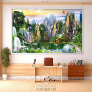 Tranh thiên nhiên giao hòa trắng đổ trên núi xuống sông in canvas