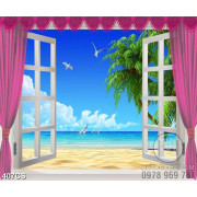 Tranh cửa sổ và màng rèm hồng bên bãi biển đẹp in kính