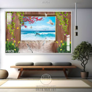 Tranh 3D cửa sổ và hoa lá bên bờ biển đẹp nhất in kính