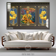 Tranh rèm màn decor trang trí Phật Di Lặc tọa lạc bên hoa sen