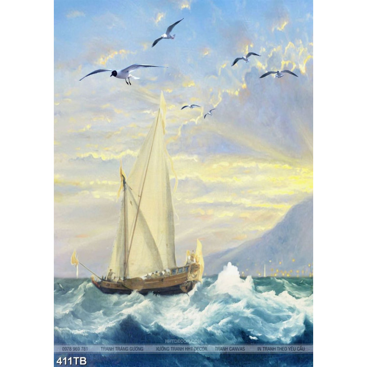 Tranh sơn dầu nghệ thuật chiếc thuyền vượt sóng và chim hải âu 