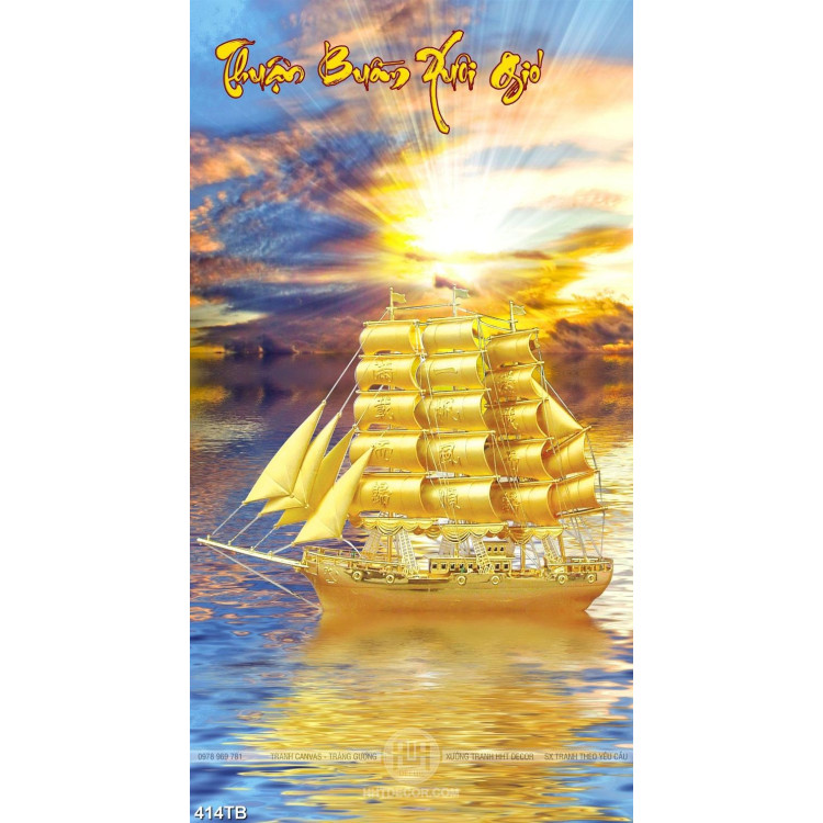 Tranh thuận buồm xuôi gió thuyền vàng vượt sóng chất lượng cao