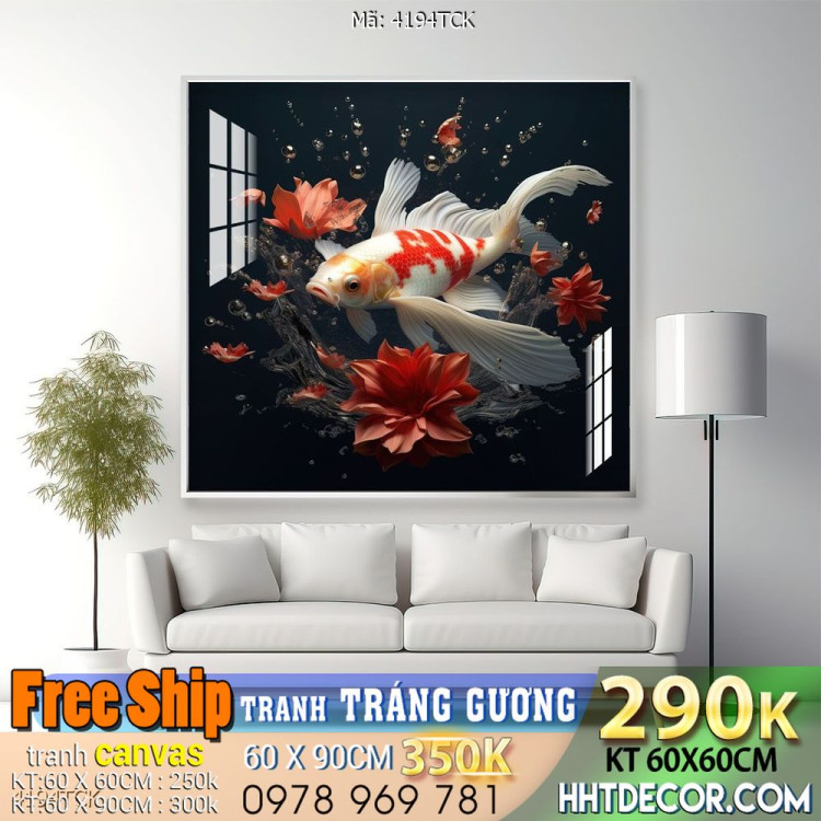 Tranh decor tường phòng khách cá chép hoa sen