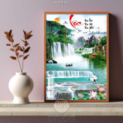 Tranh phong thủy thác nước in canvas đàn cò kiếm ăn trên con sông