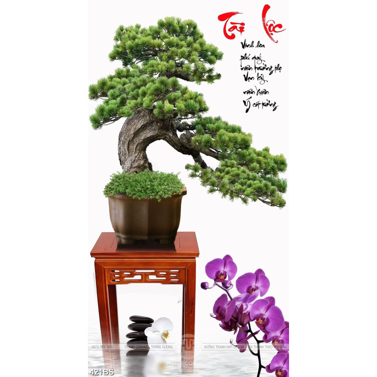Tranh chậu bonsai nghệ thuật bên chữ tài lộc psd mừng xuân