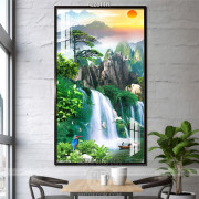 Tranh phong thủy thác nước in canvas con suối nhỏ sau ngọn núi