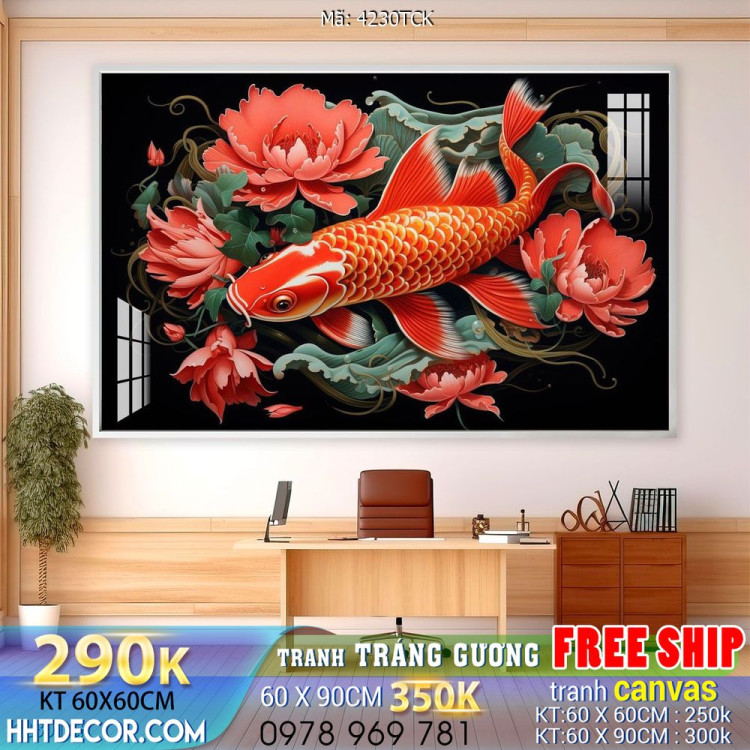 Tranh decor tường phòng khách cá chép hoa sen