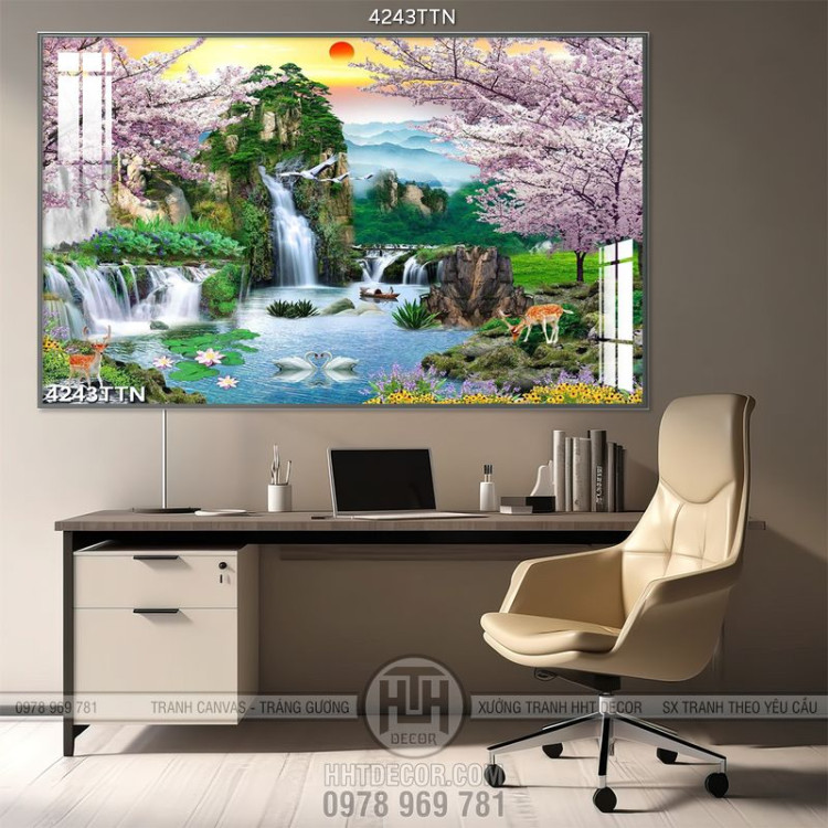 Tranh sơn thủy hữu tình in canvas những hàng hoa anh đào nở